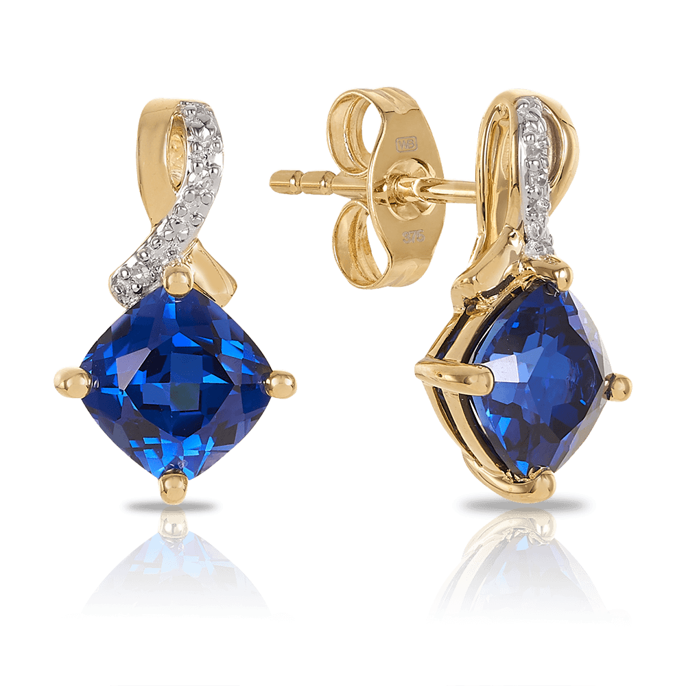 Created Sapphire & Diamond Ribbon Stud Earrings in 9ct Yellow Gold
