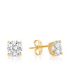 A pair of 9ct yellow gold stud earrings shown front on, featuring a 6.5mm round cubic zirconia gemstone with a bright, brilliant shine. Secured with a butterfly back for a classic, everyday-ready finish.