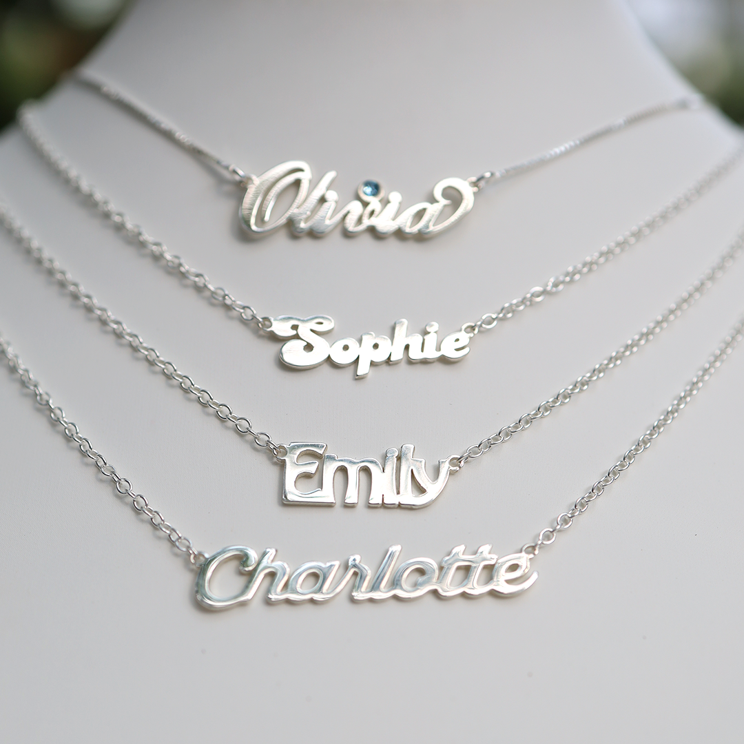 Personalised Name Necklace with Birthstone in Sterling Silver