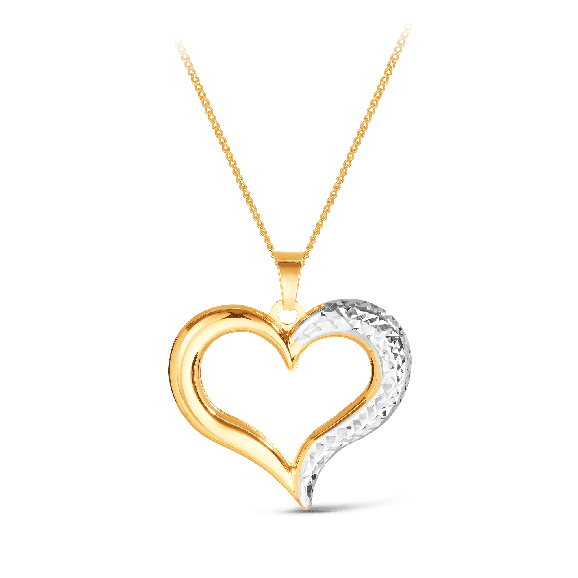 Diamond Cut Rhodium Plate Open Heart Pendant in 9ct Yellow Gold