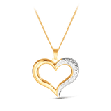 Diamond Cut Rhodium Plate Open Heart Pendant in 9ct Yellow Gold