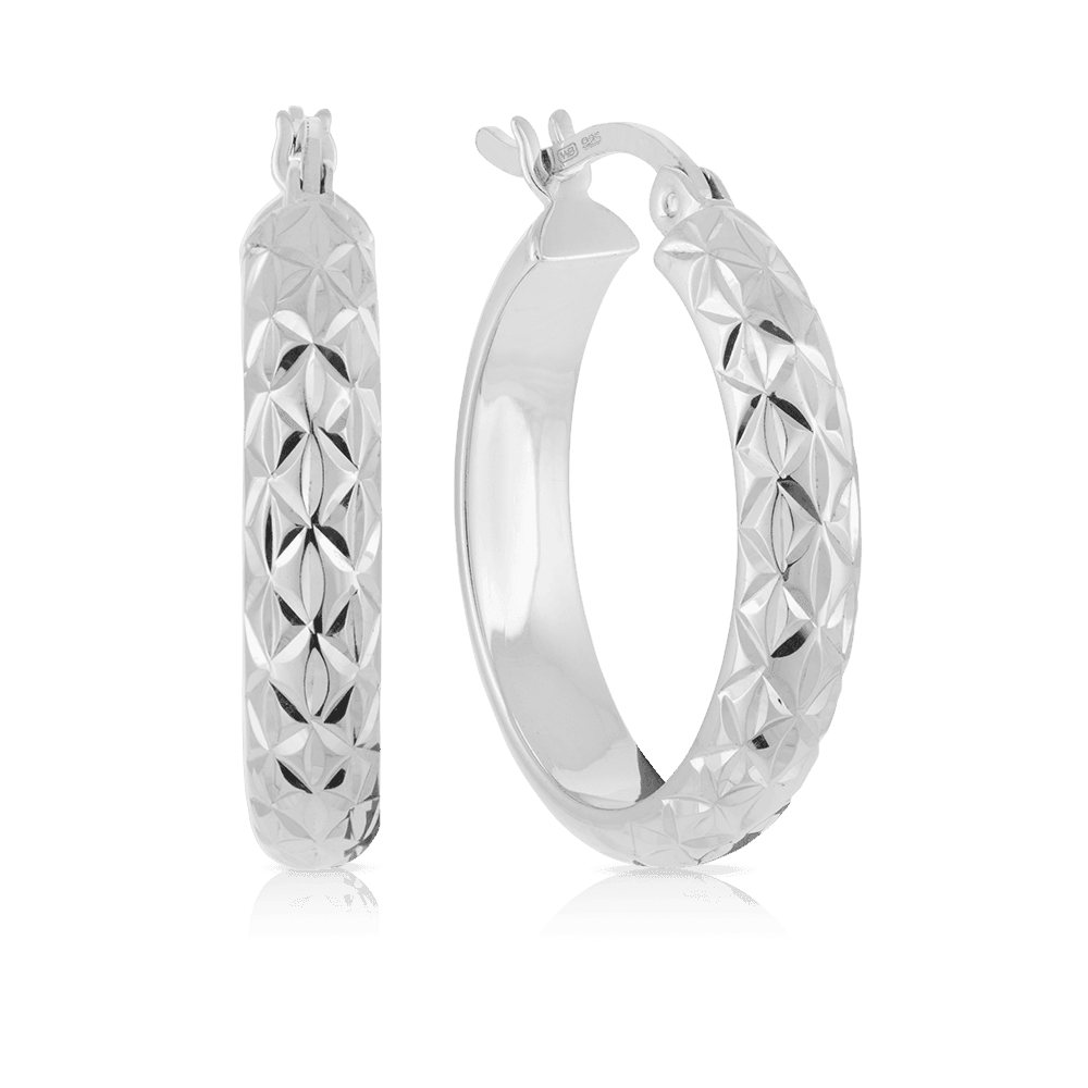 Diamond Cut Round Hoop Earrings in Sterling Silver