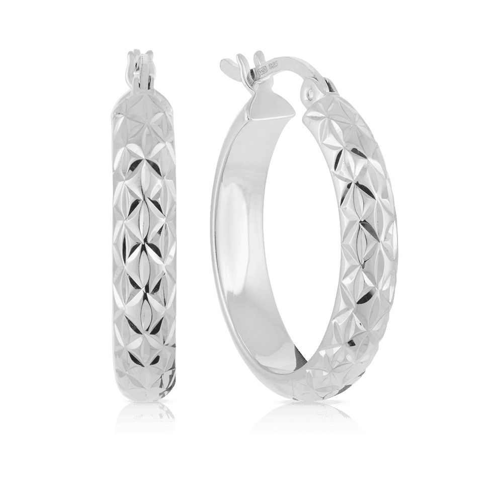 Diamond Cut Round Hoop Earrings in Sterling Silver - Wallace Bishop