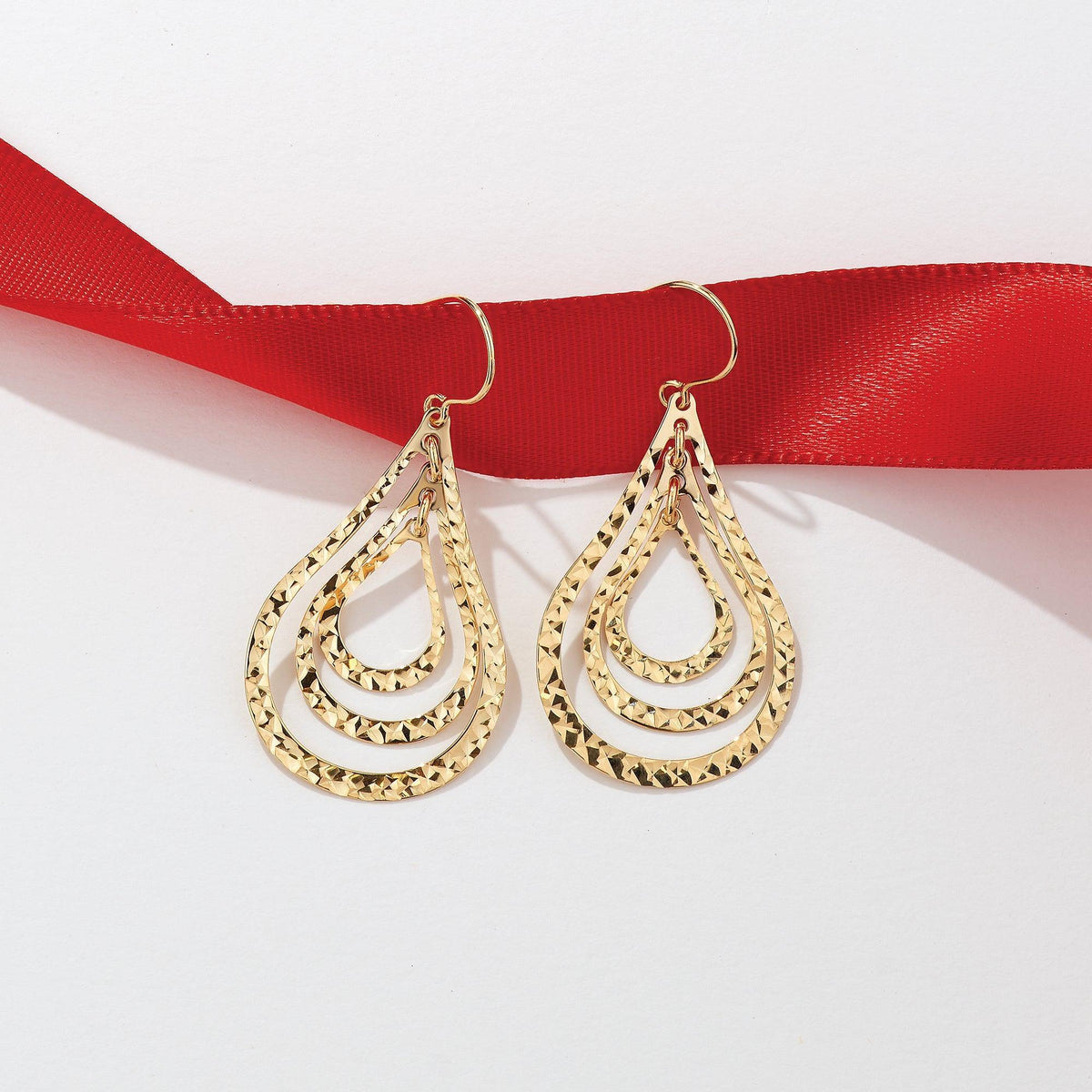 Diamond Cut Triple Pear Drop Earrings in 9ct Yellow Gold