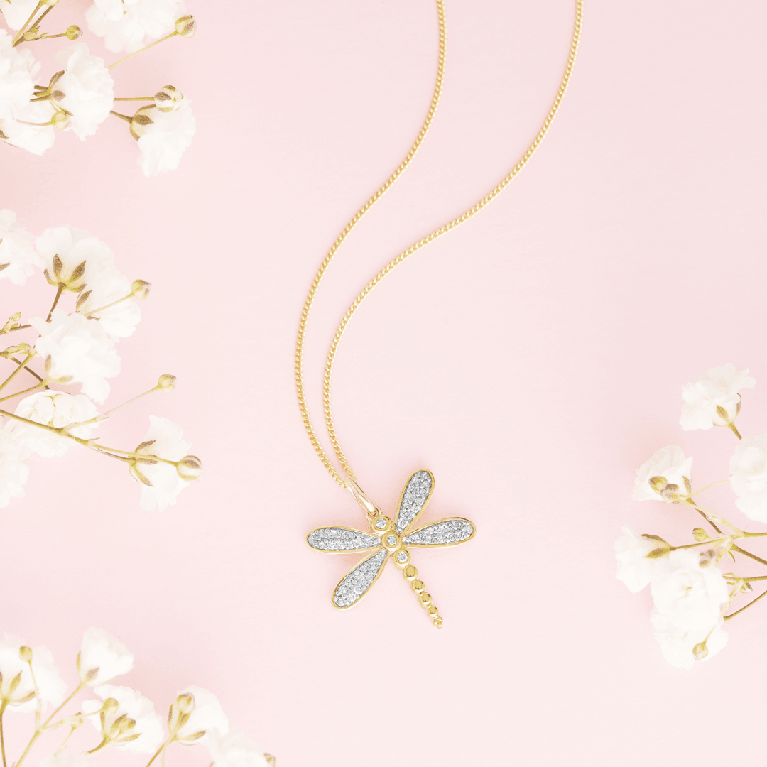 Diamond Dragonfly Pendant in 9ct Yellow Gold