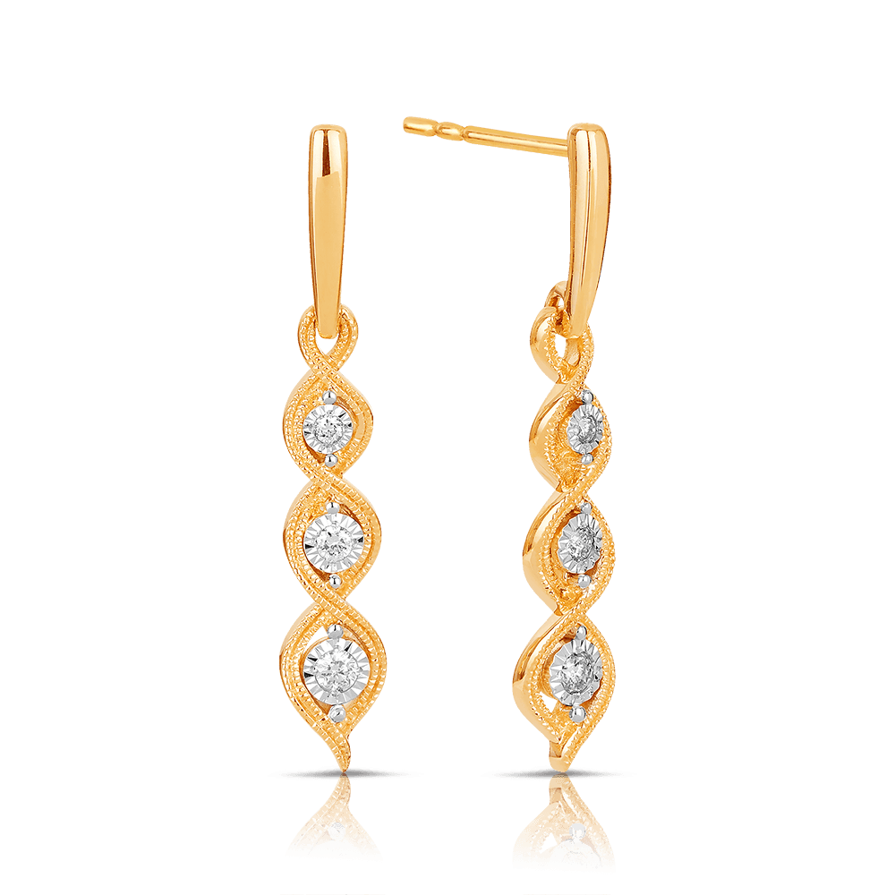 Diamond Drop Earrings in 9ct Yellow and White Gold TGW 0.12ct