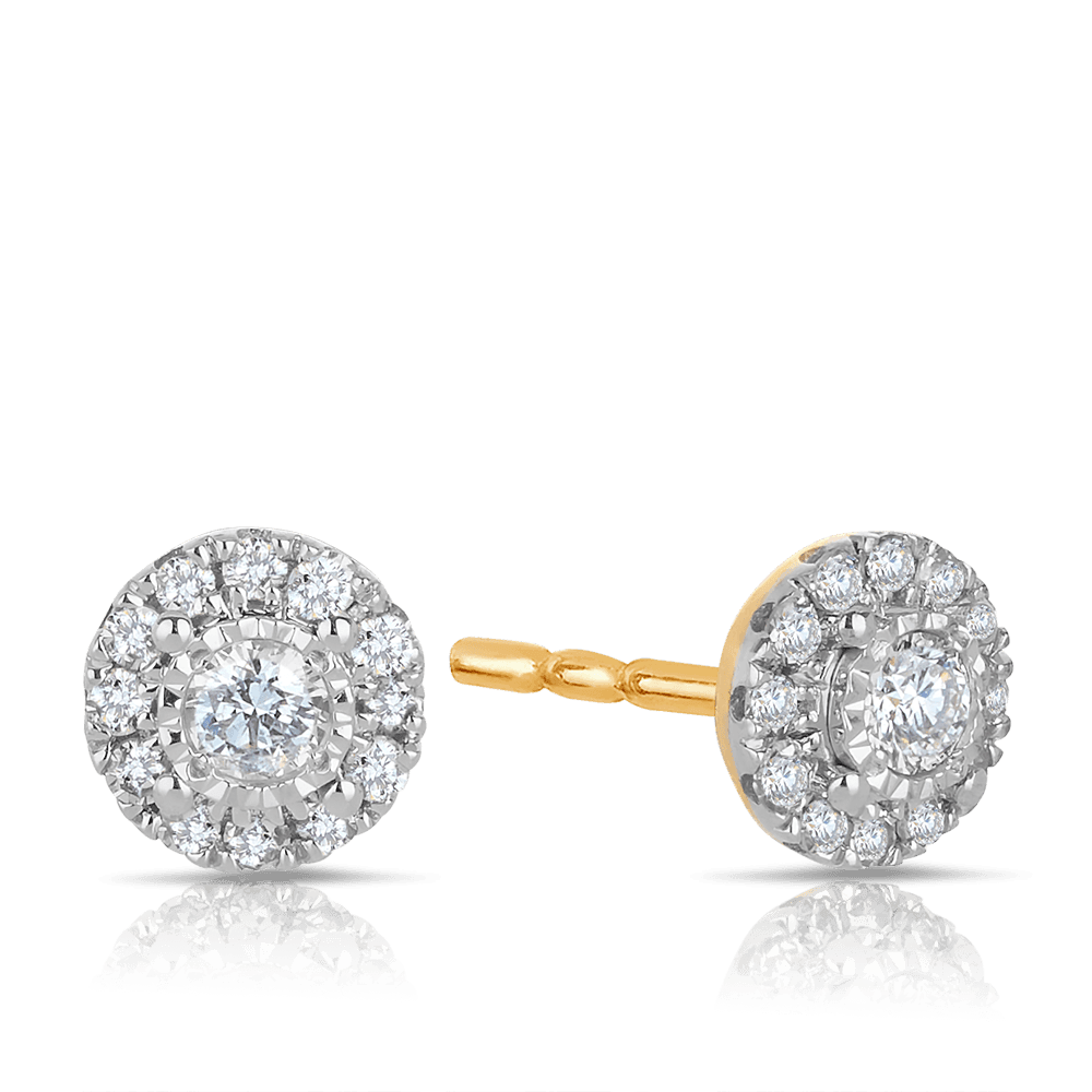 Diamond Halo Stud Earrings in 9ct Yellow and White Gold TGW 0.21ct