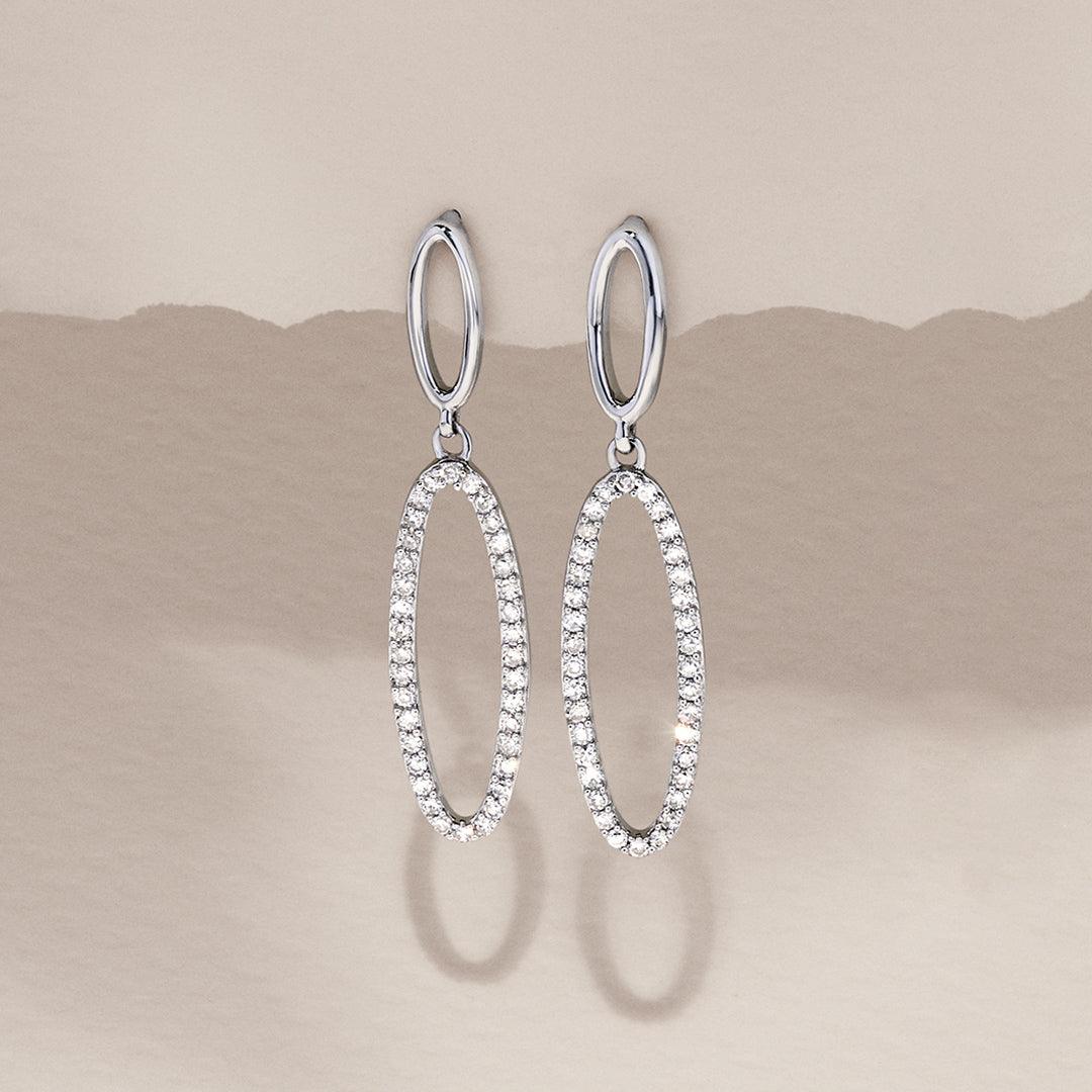 Diamond Oval Shape Drop Earrings in Sterling Silver