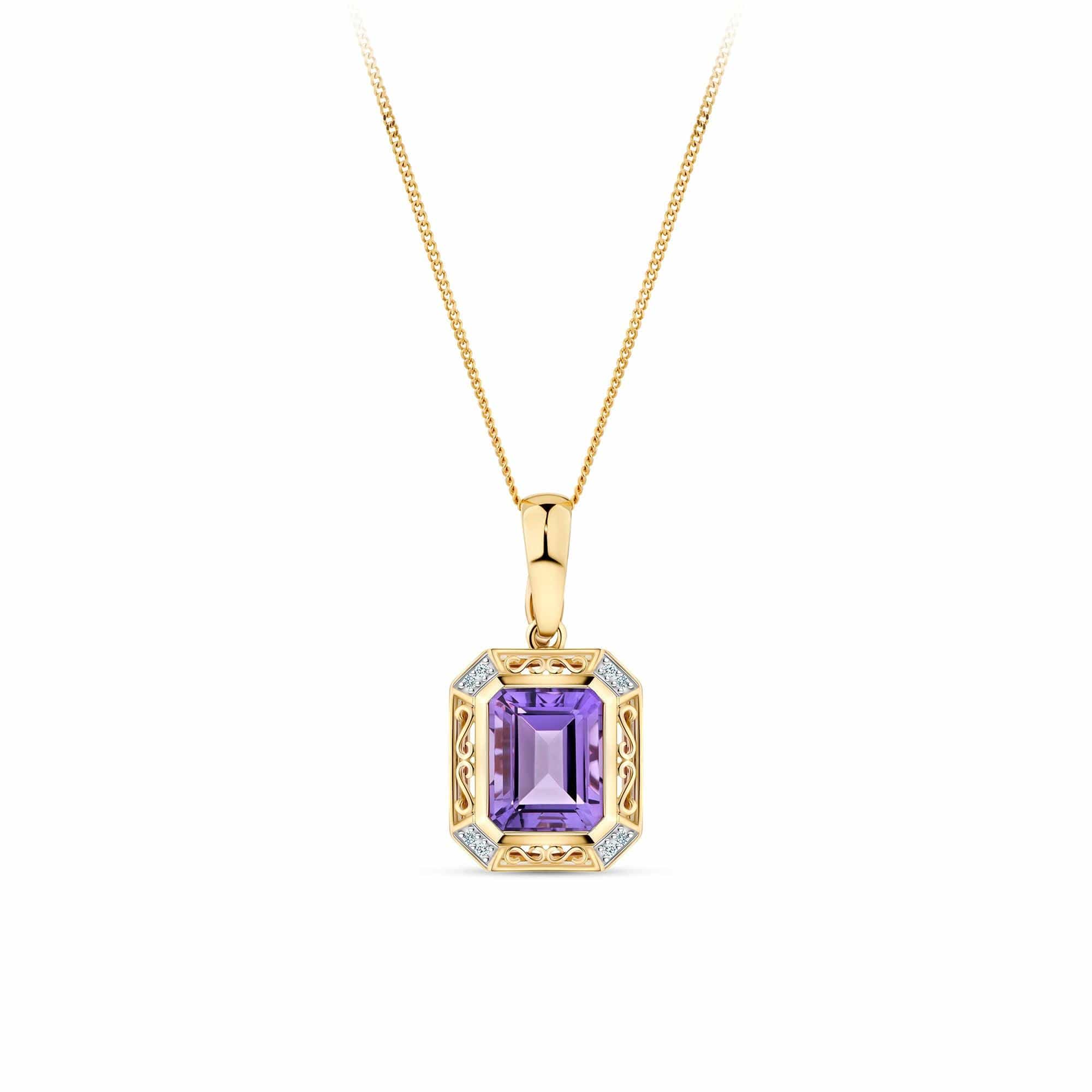 Amethyst & Diamond Pendant in 9ct Yellow Gold
