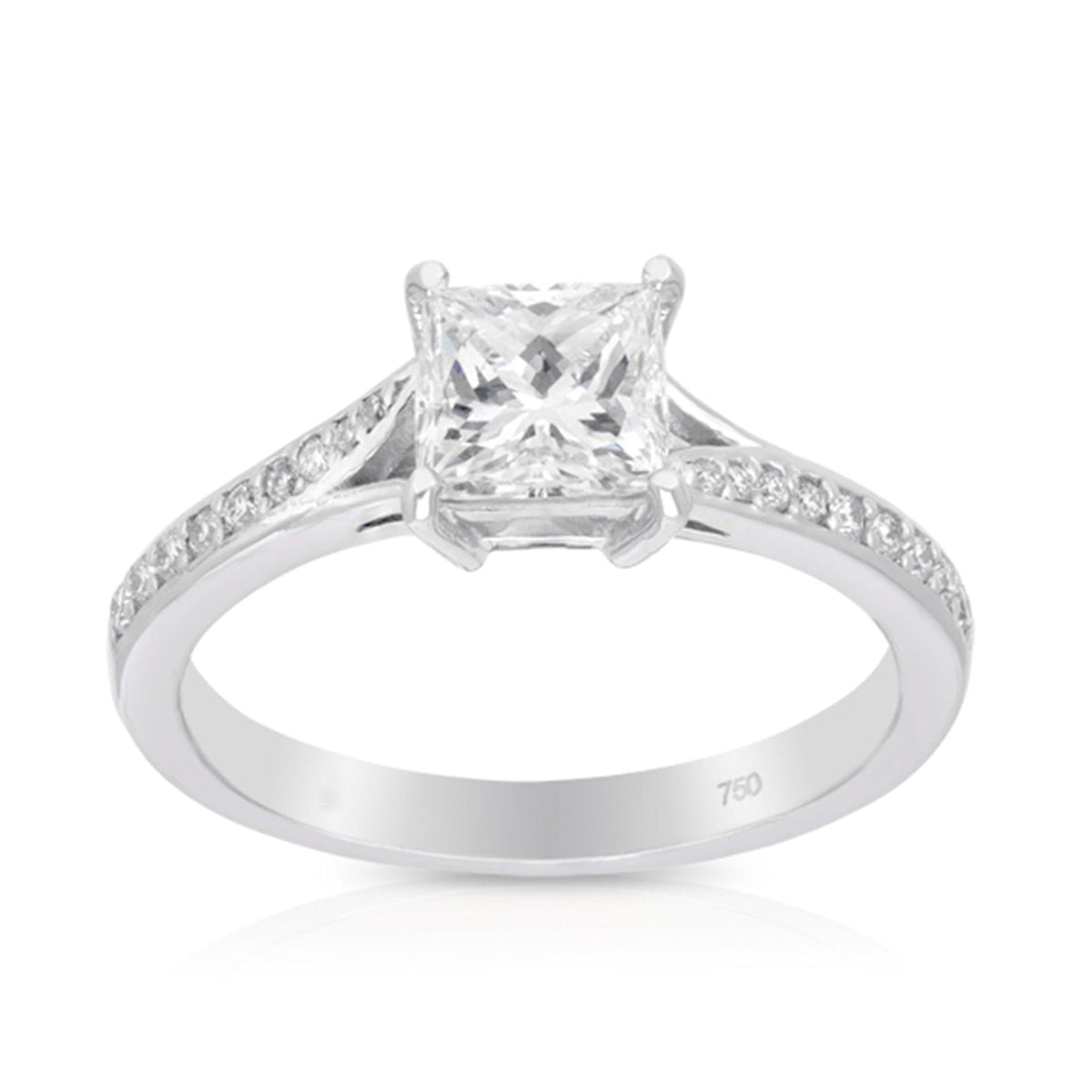 Diamond Solitaire Princess Cut Pavé Band Engagement Ring in 18ct White Gold Ring TDW 1.19ct - Wallace Bishop