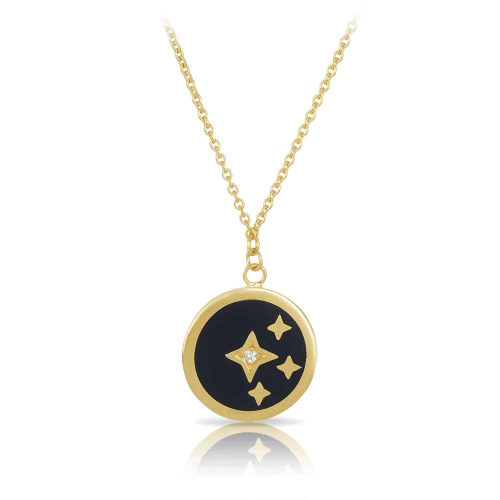 Diamond Star & Black Necklace in 9ct Yellow Gold