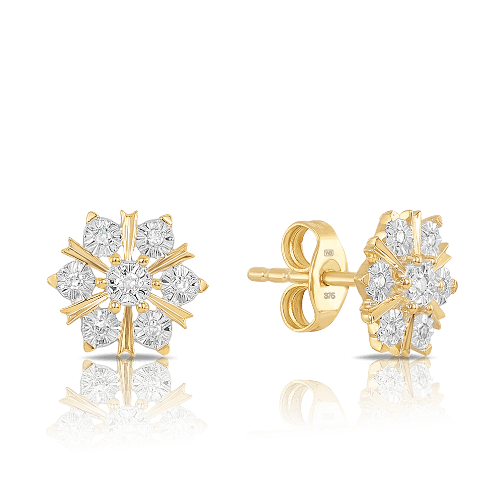 Diamond Snowflake Stud Earrings in 9ct Yellow Gold TGW 0.05ct