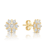 A pair of 9ct yellow gold stud earrings shown front on, featuring a detailed snowflake design set with natural round brilliant cut diamonds, in a compact 9mm size.