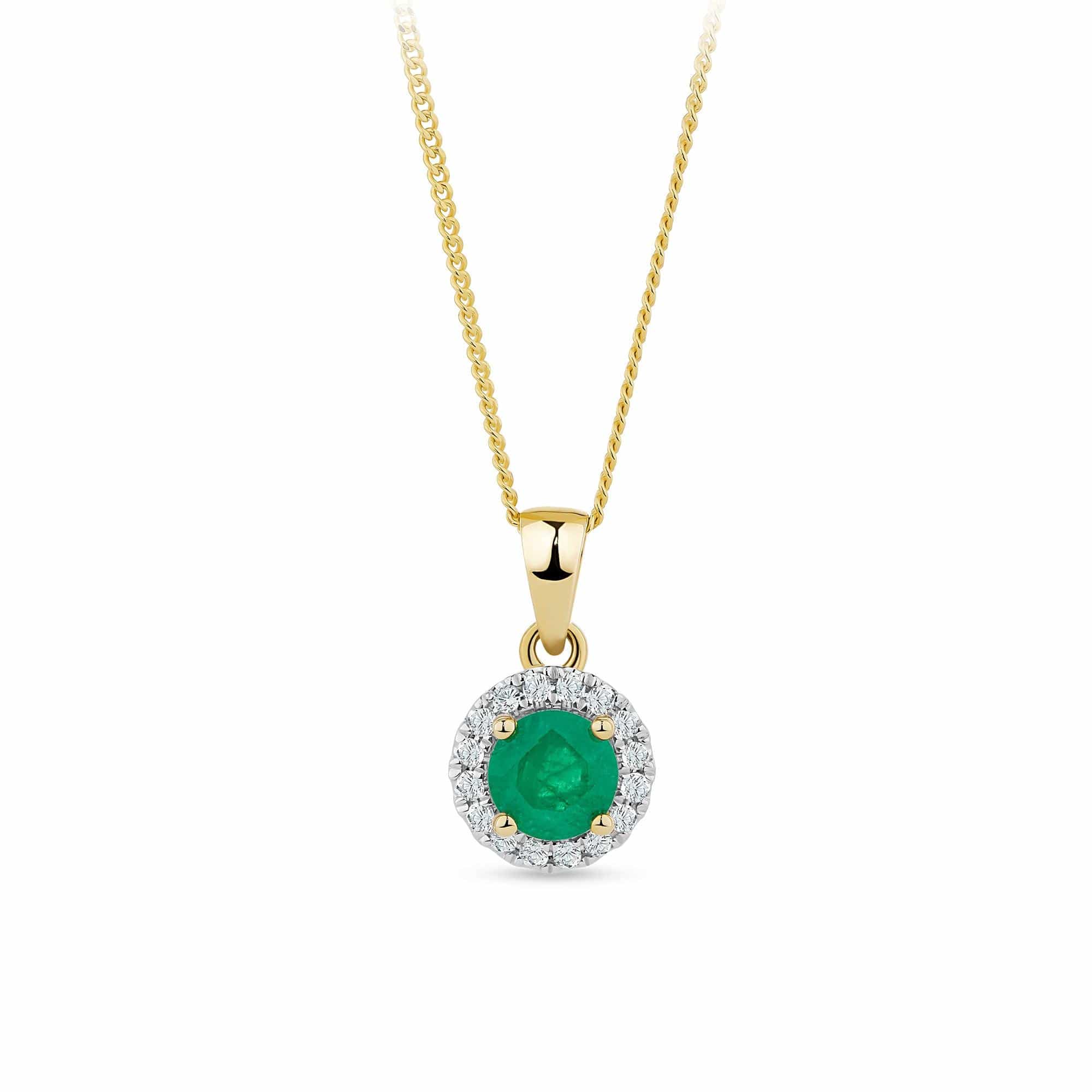 Emerald & 0.11ct TDW Diamond Halo Pendant Necklace in 9ct Yellow Gold