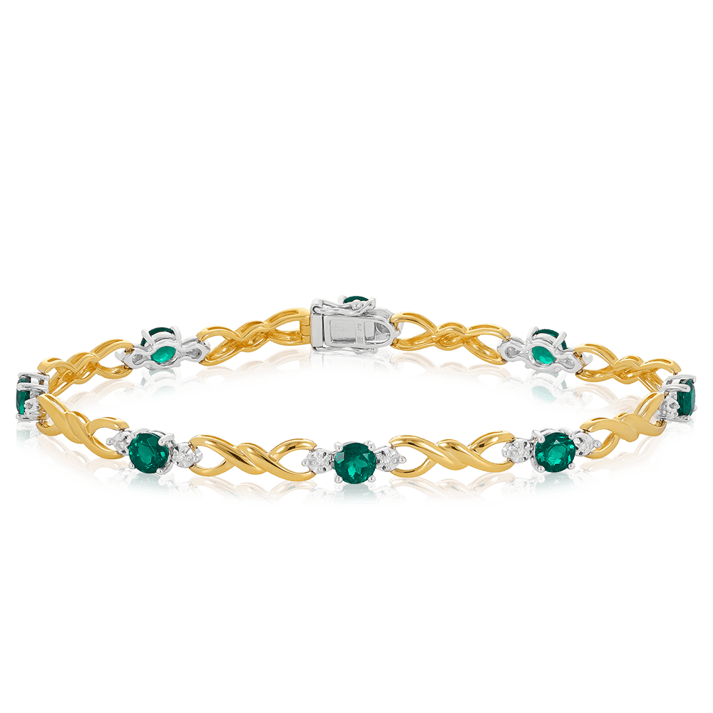 Created Emerald and Diamond Bracelet in 9ct Yellow and White Gold