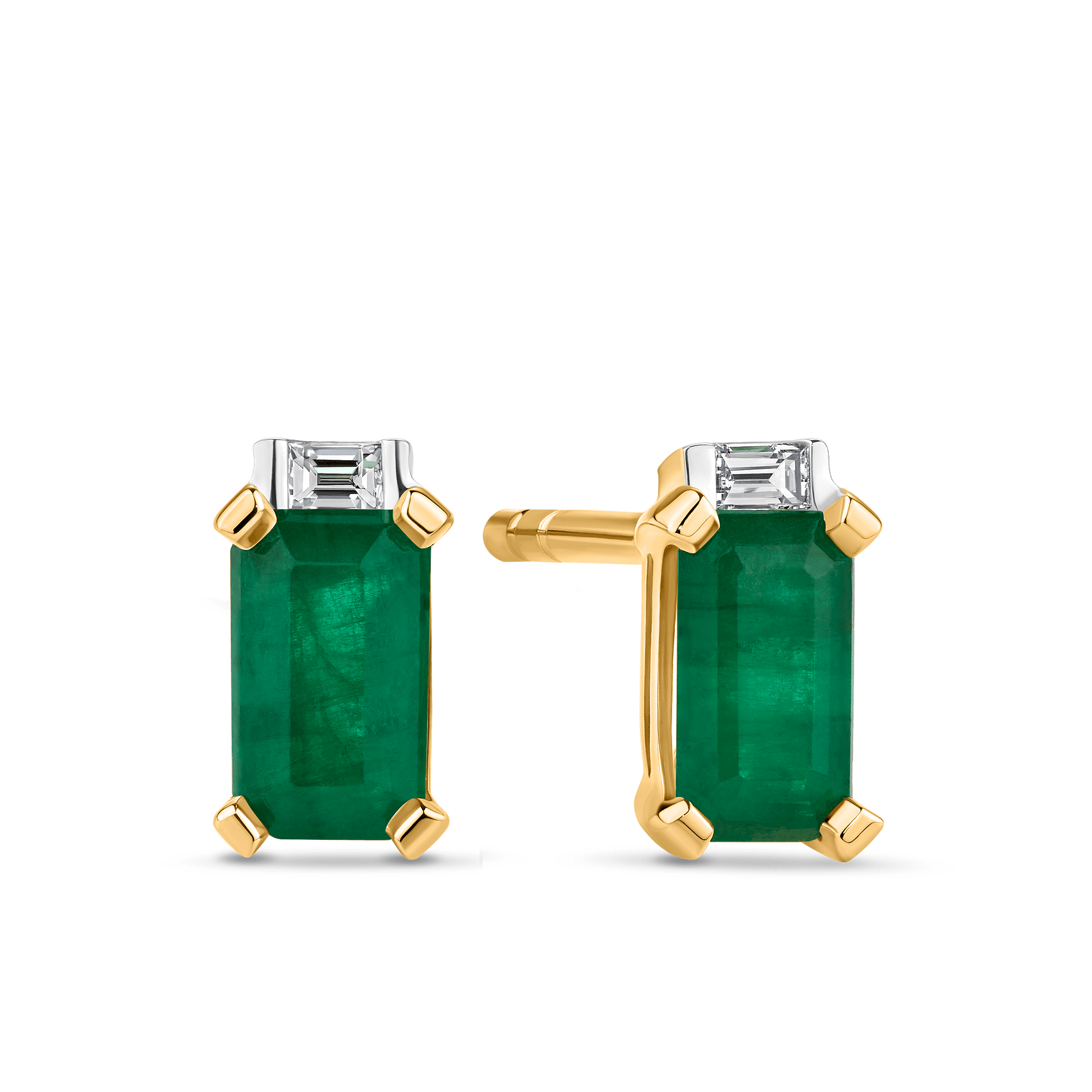 Emerald & Diamond Claw and Channel Set Earrings in 9ct Yellow Gold