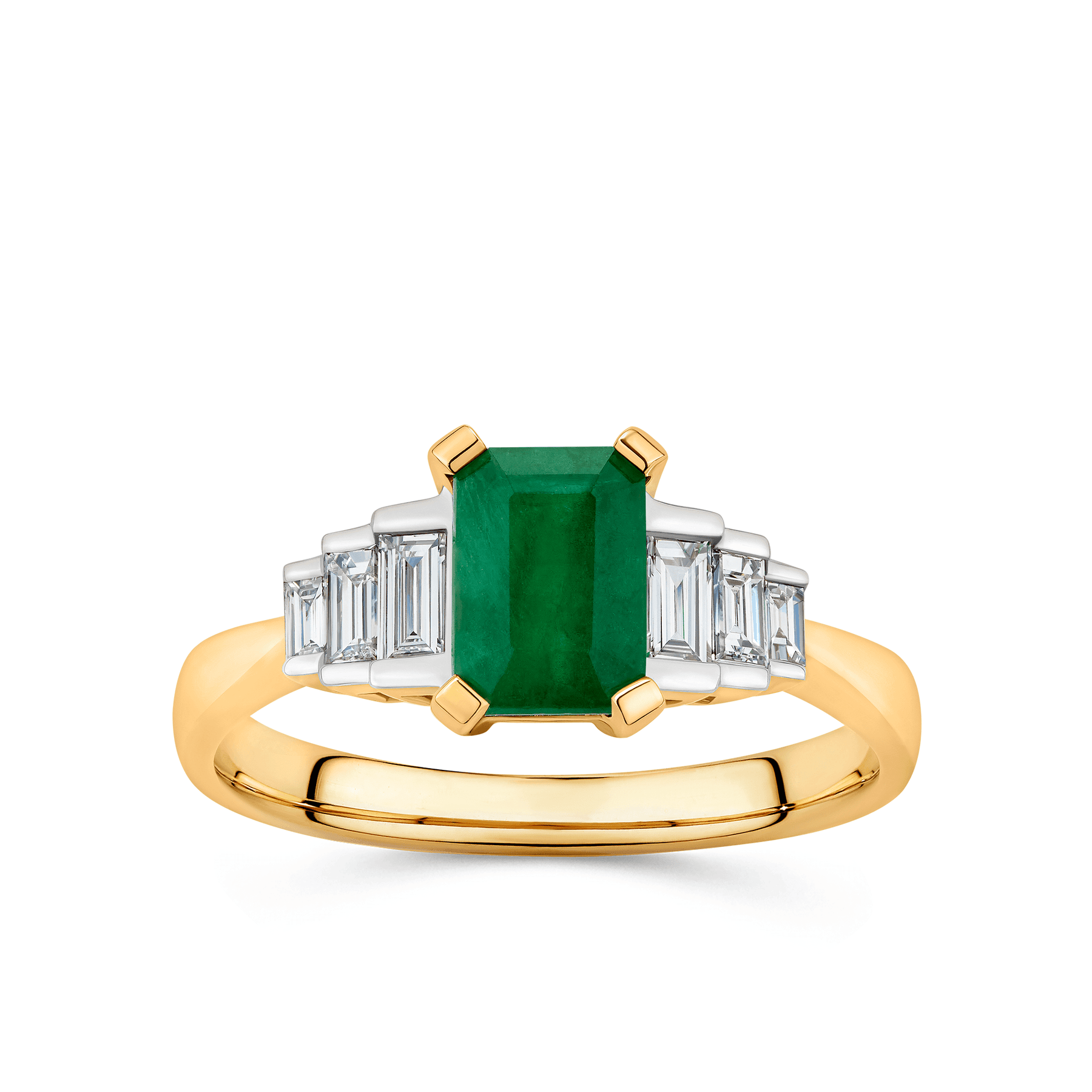 Emerald and Diamond Claw & Channel Set Ring in 9ct Yellow Gold - Wallace Bishop