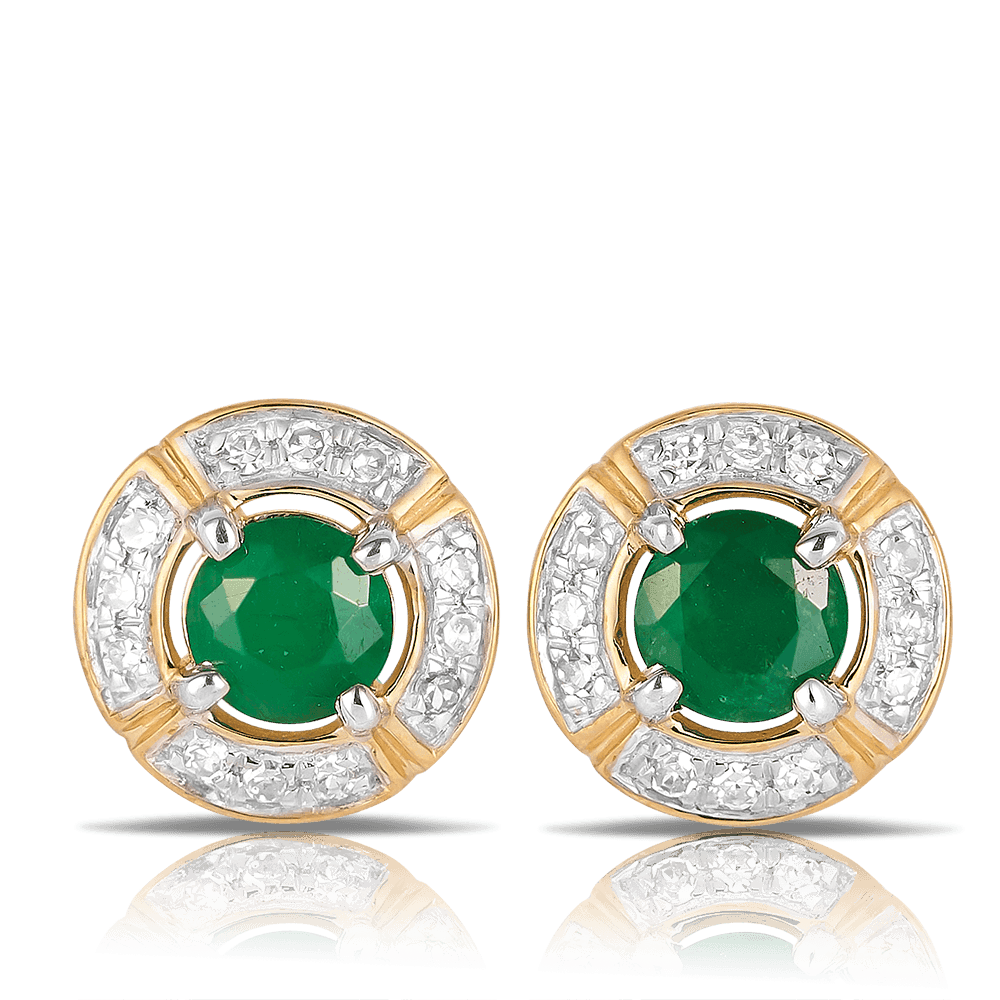 Emerald & Diamond Halo Stud Earrings in 9ct Yellow Gold - Wallace Bishop