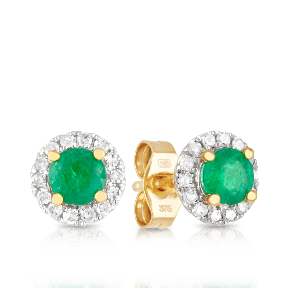 Emerald & Diamond Halo Stud Earrings in 9ct Yellow Gold