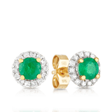 Emerald & Diamond Halo Stud Earrings in 9ct Yellow Gold