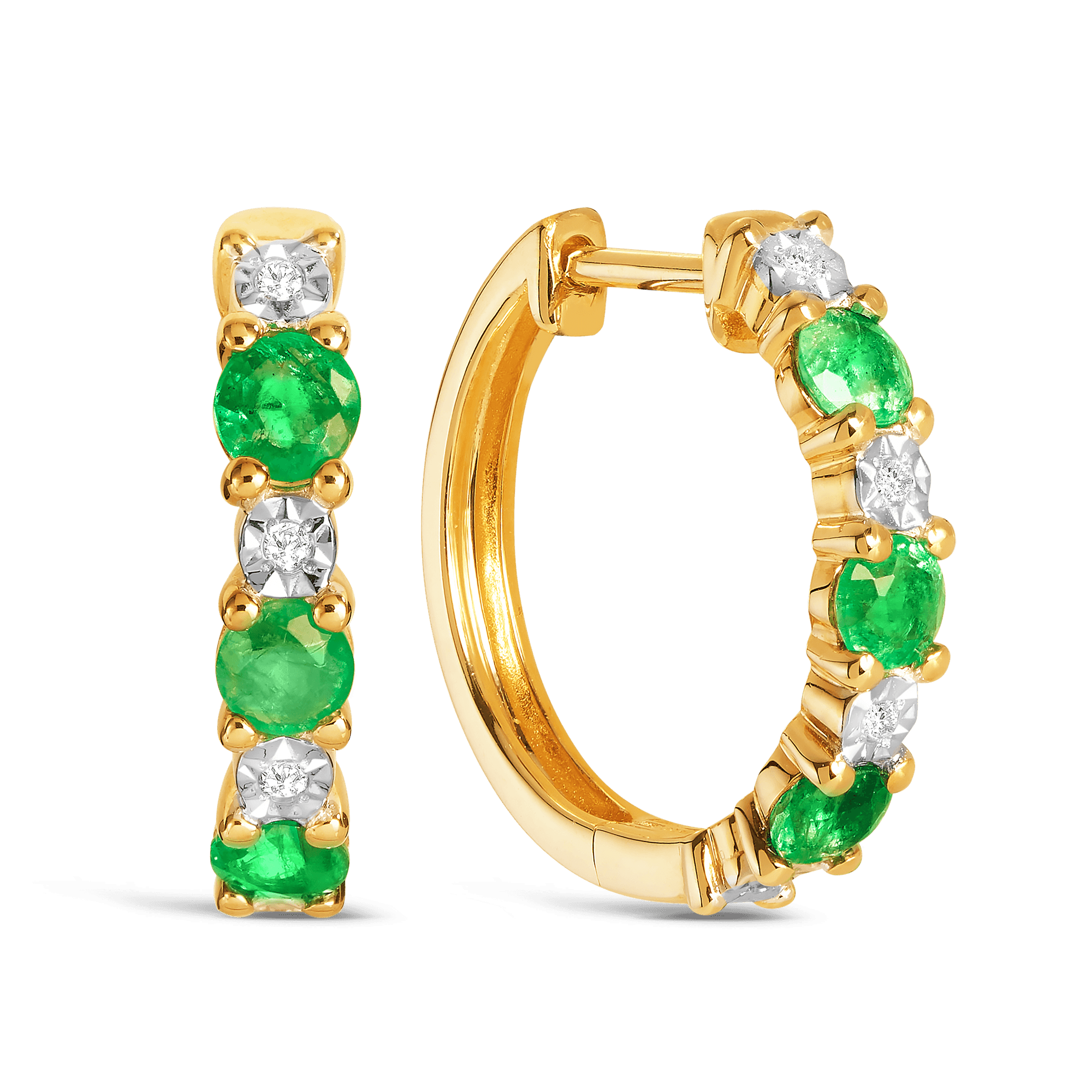 Emerald & Diamond Huggie Hoop Earrings in 9ct Yellow Gold