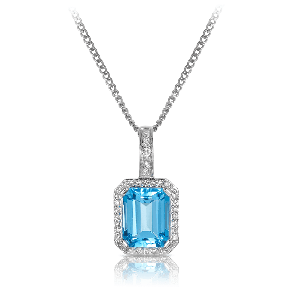 Emerald Cut Blue Topaz and Diamond Halo Pendant in 9ct White Gold