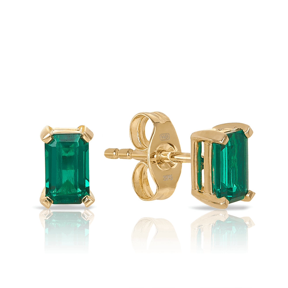 Created Emerald Stud Earrings in 9ct Yellow Gold