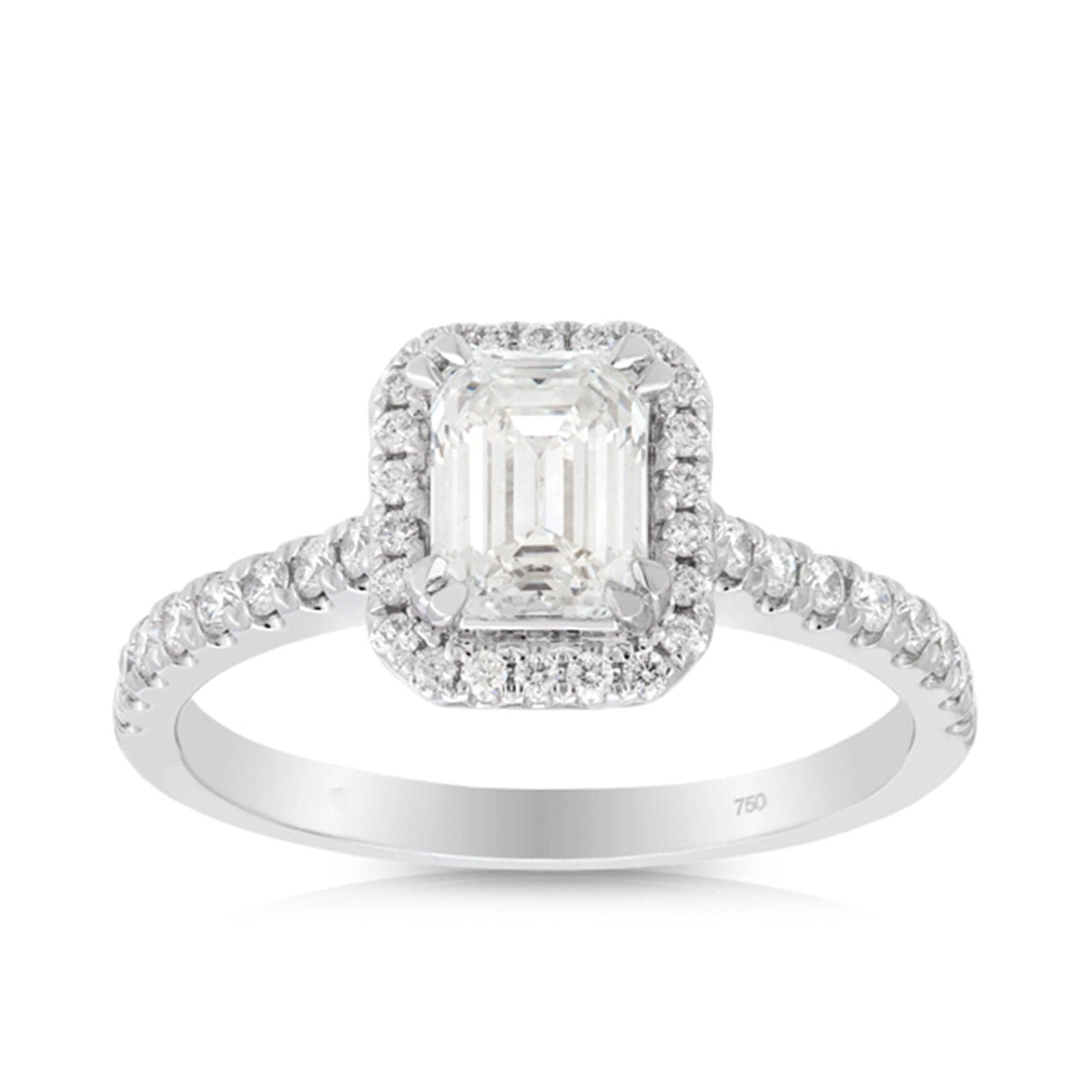 1.30ct TW Emerald Cut Diamond Halo Engagement Ring in 18ct White Gold