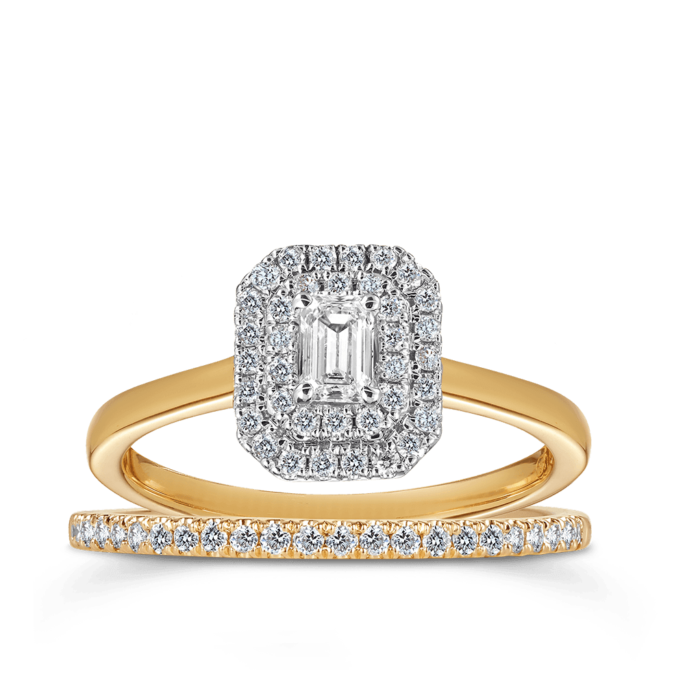 0.50ct TW Diamond Double Halo Engagement & Bridal Set in 9ct Yellow & White Gold