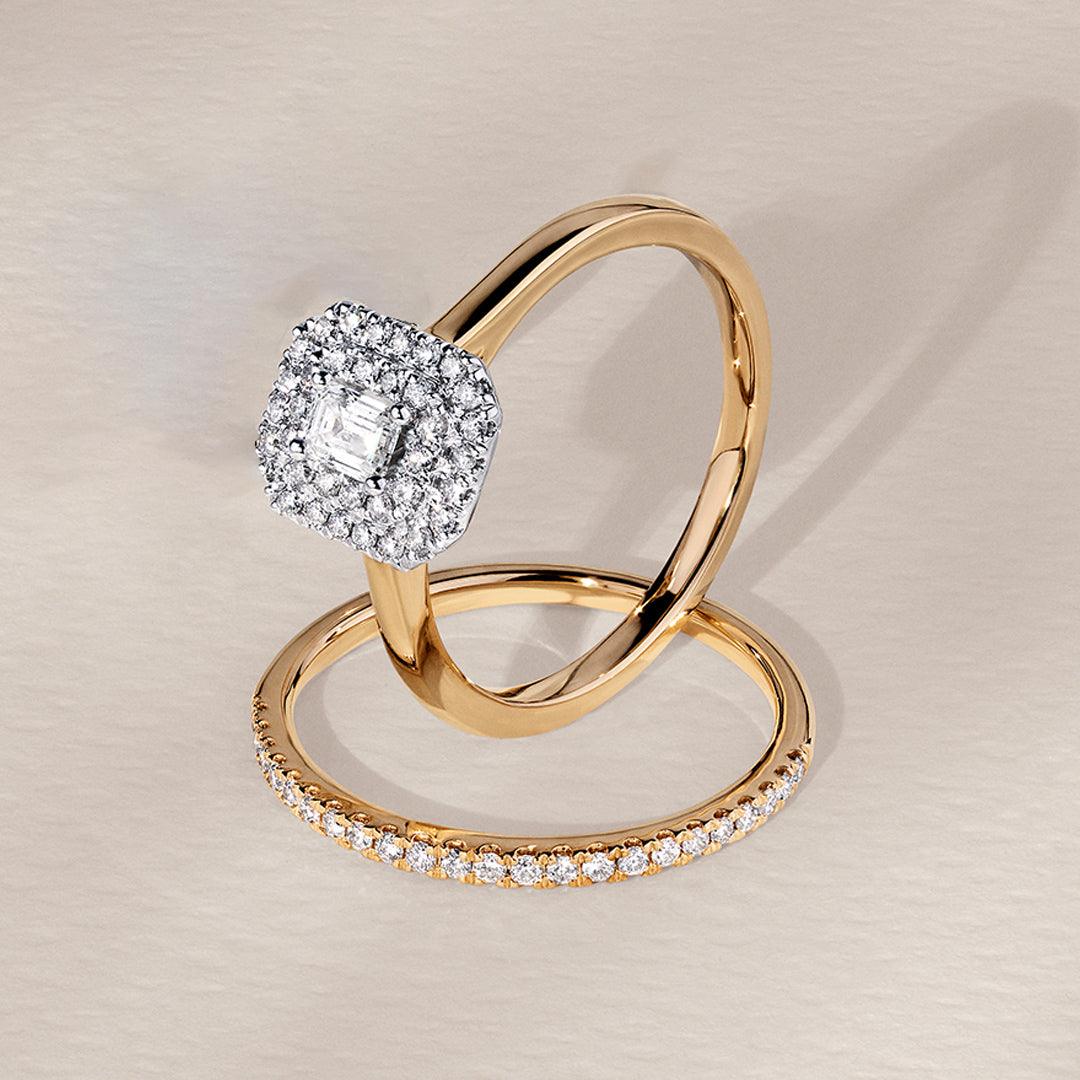 0.50ct TW Diamond Double Halo Engagement & Bridal Set in 9ct Yellow & White Gold