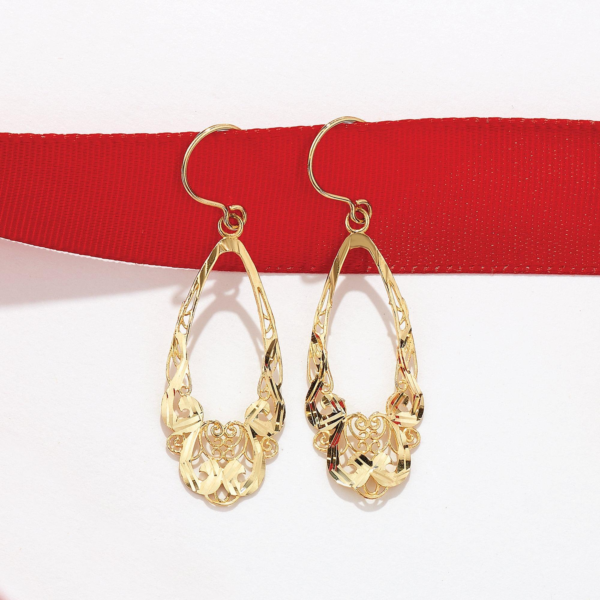 Fancy Filigree Drop Earrings in 9ct Yellow Gold