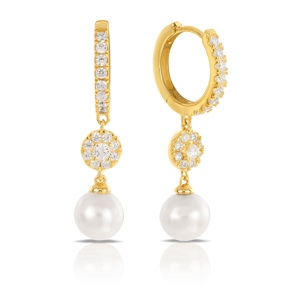 Freshwater Pearl and Cubic Zirconia Drop Earrings 9ct Yellow Gold