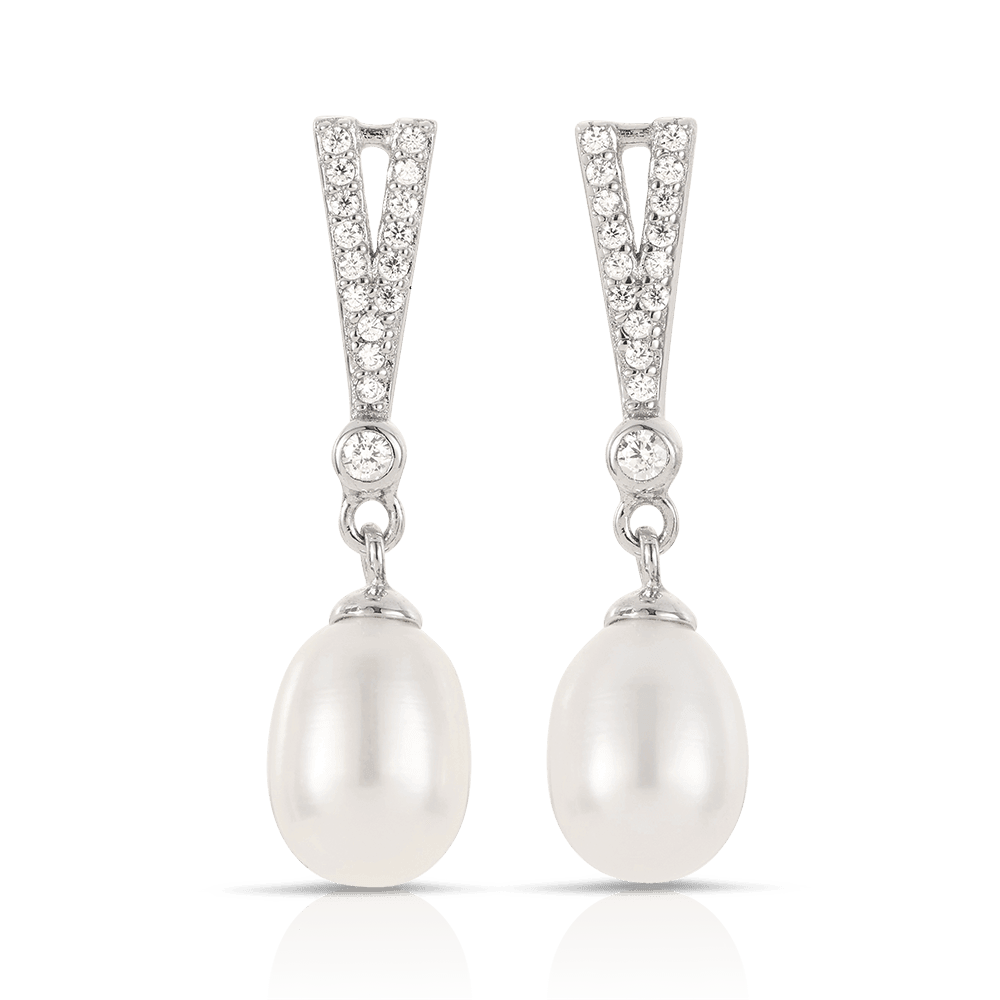 Freshwater Pearl and Cubic Zirconia Drop Earrings in Sterling Silver - Wallace Bishop