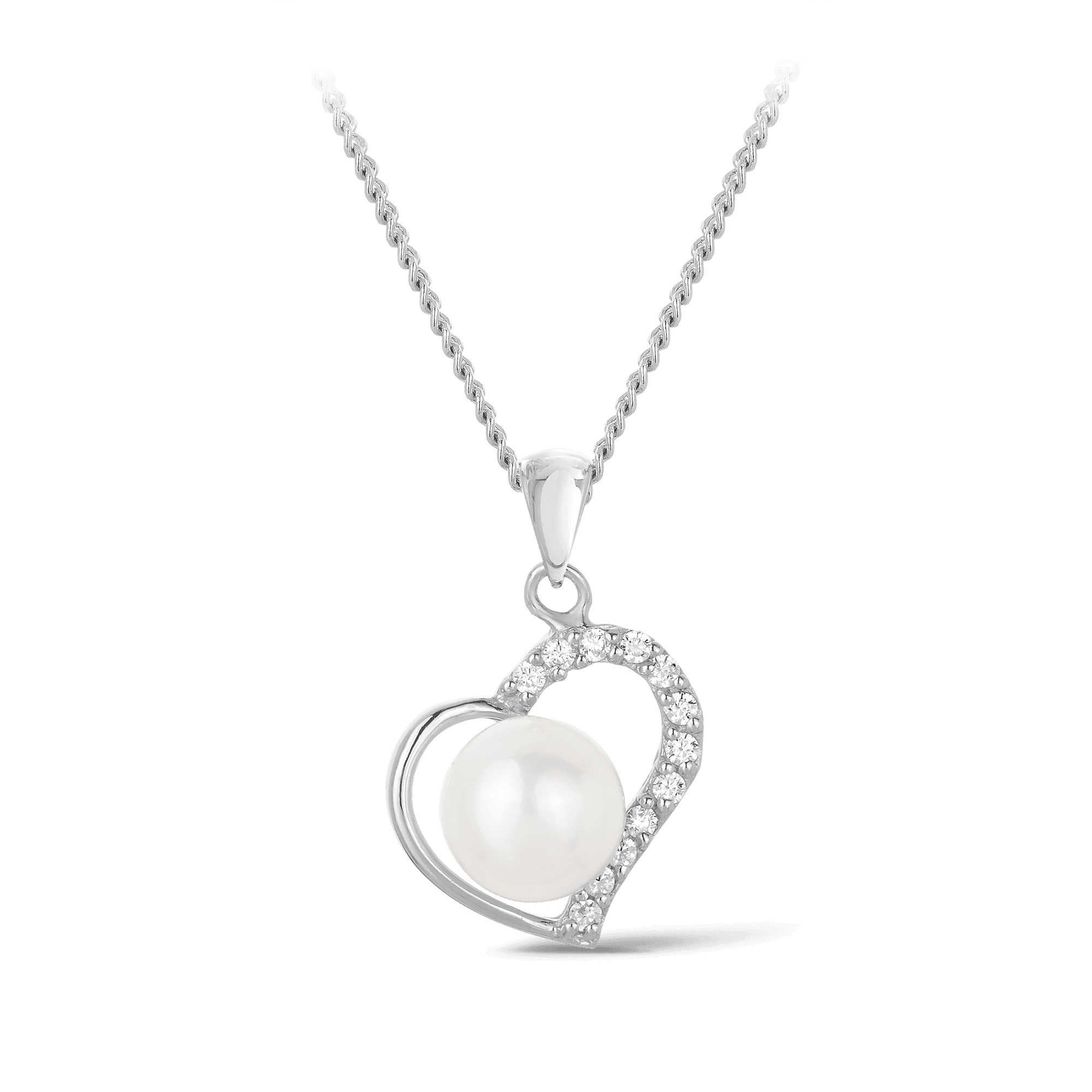 Freshwater Pearl & Cubic Zirconia Open Heart Pendant in Sterling Silver