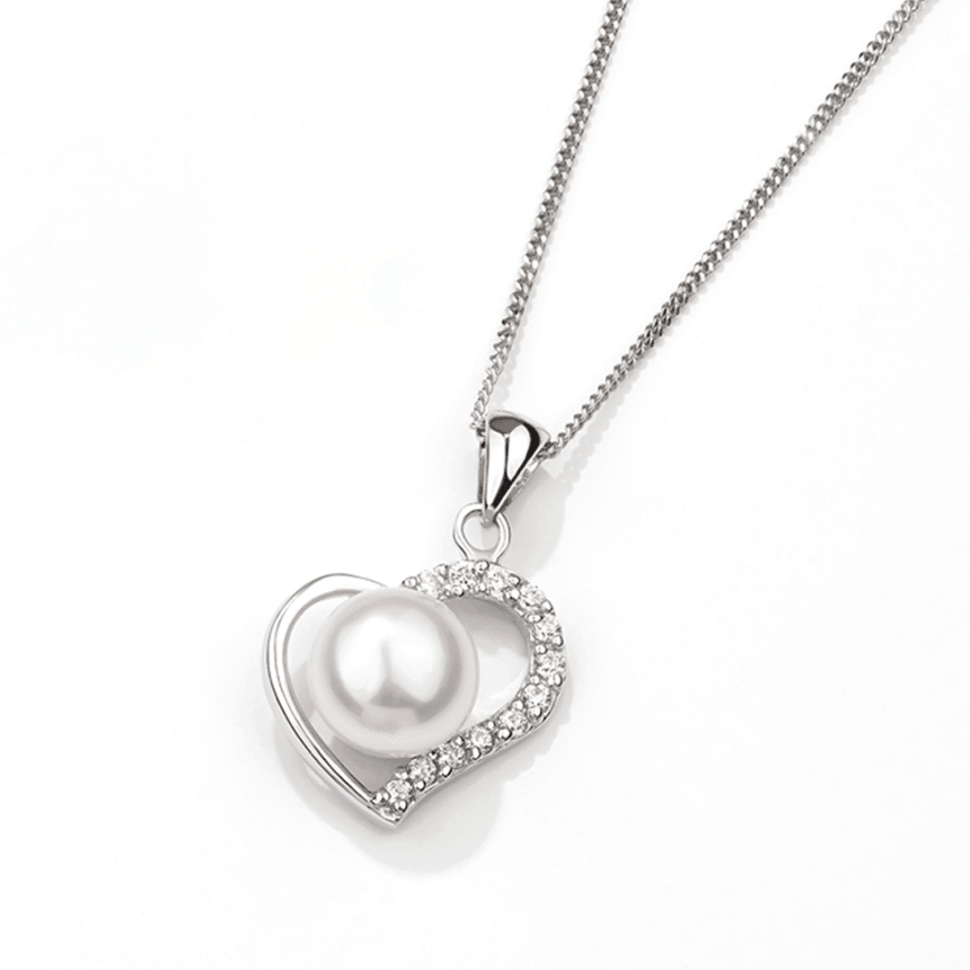 Freshwater Pearl & Cubic Zirconia Open Heart Pendant in Sterling Silver