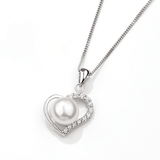Freshwater Pearl & Cubic Zirconia Open Heart Pendant in Sterling Silver
