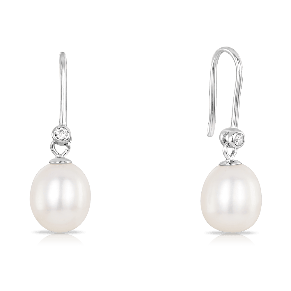 Freshwater Pearl and Cubic Zirconia Shepheards Hook Earrings in Sterling Silver - Wallace Bishop