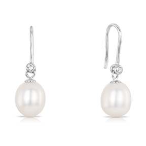 Freshwater Pearl and Cubic Zirconia Shepheards Hook Earrings in Sterling Silver - Wallace Bishop