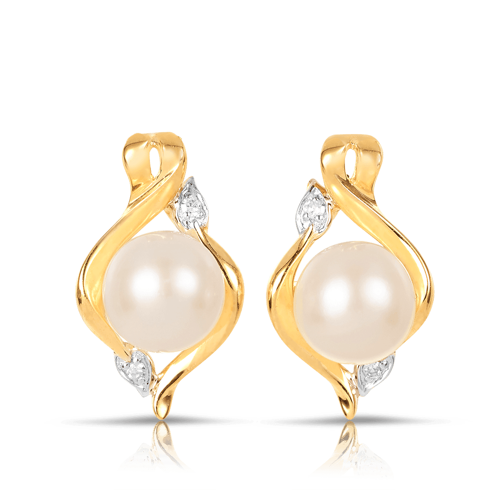 Freshwater Pearl & Diamond Stud Earrings in 9ct Yellow Gold
