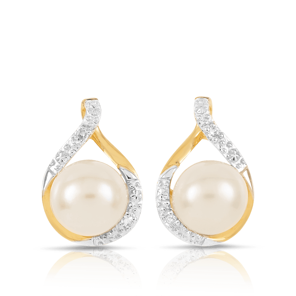 Freshwater Pearl & Diamond Stud Earrings in 9ct Yellow Gold