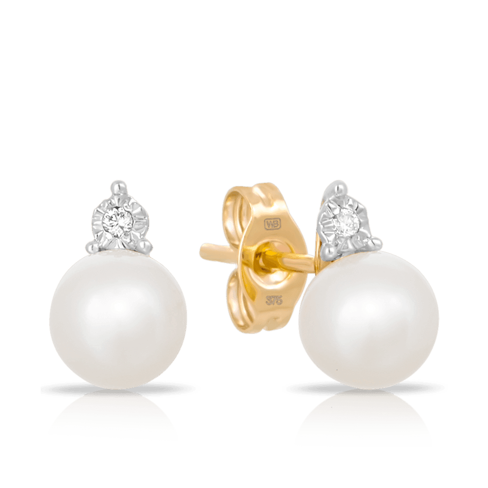 Freshwater Pearl & Diamond Stud Earrings set in 9ct Yellow Gold