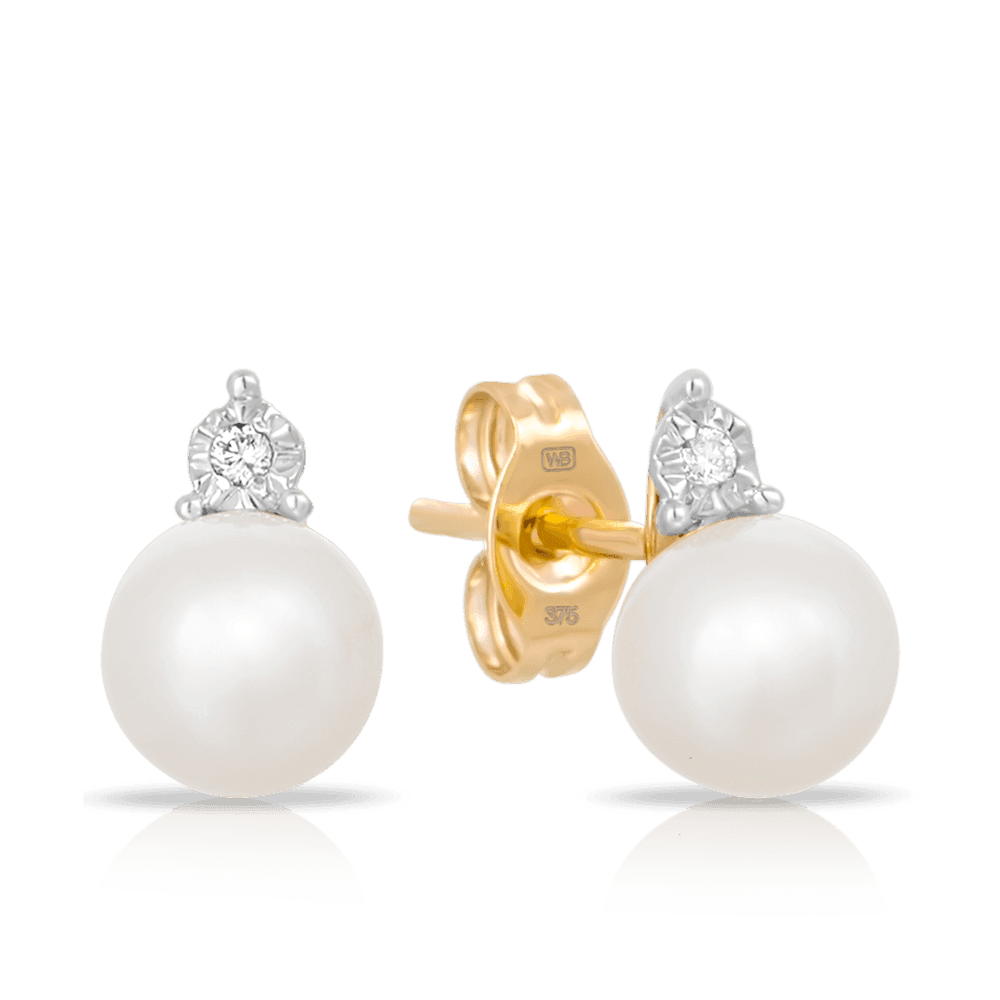 Freshwater Pearl and Diamond Stud Earrings set in 9ct Yellow Gold - Wallace Bishop