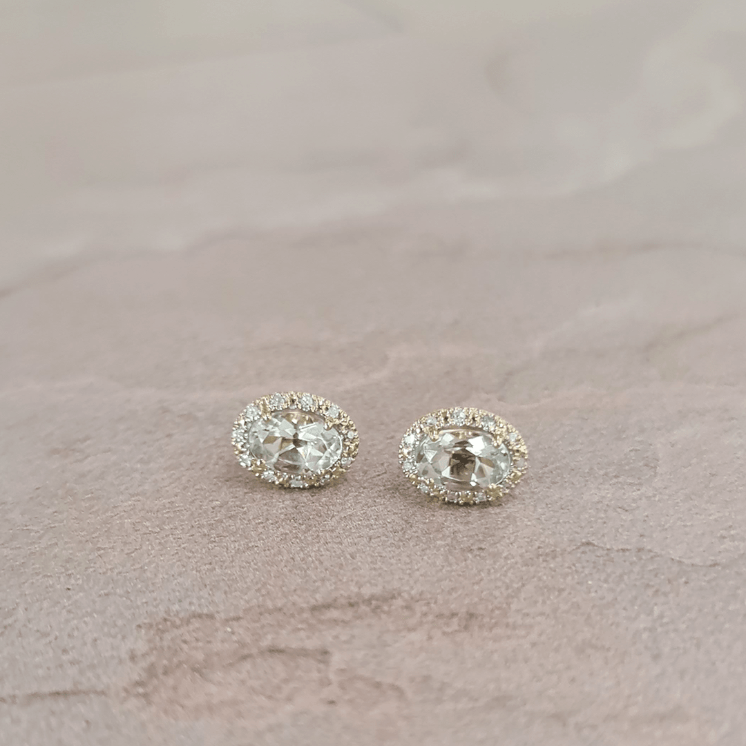 Green Amethyst & Diamond Halo Earrings in 9ct Yellow Gold - Wallace Bishop