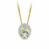 Green Amethyst & Diamond Halo Pendant in 9ct Yellow Gold