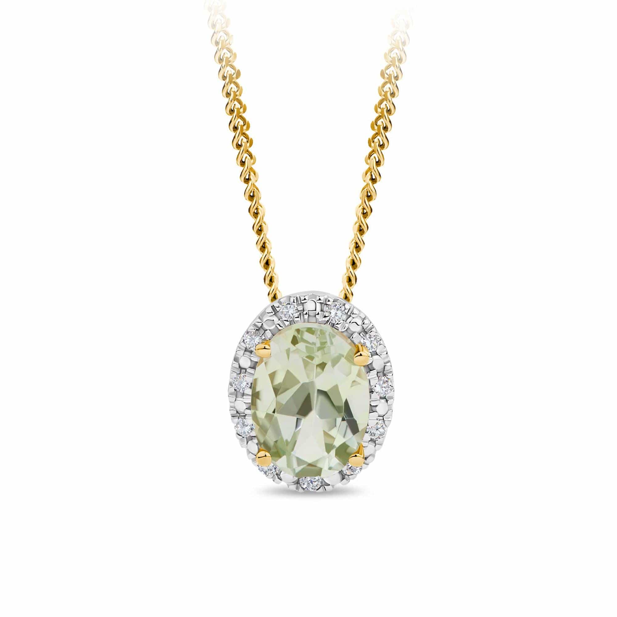 Green Amethyst & Diamond Halo Pendant in 9ct Yellow Gold