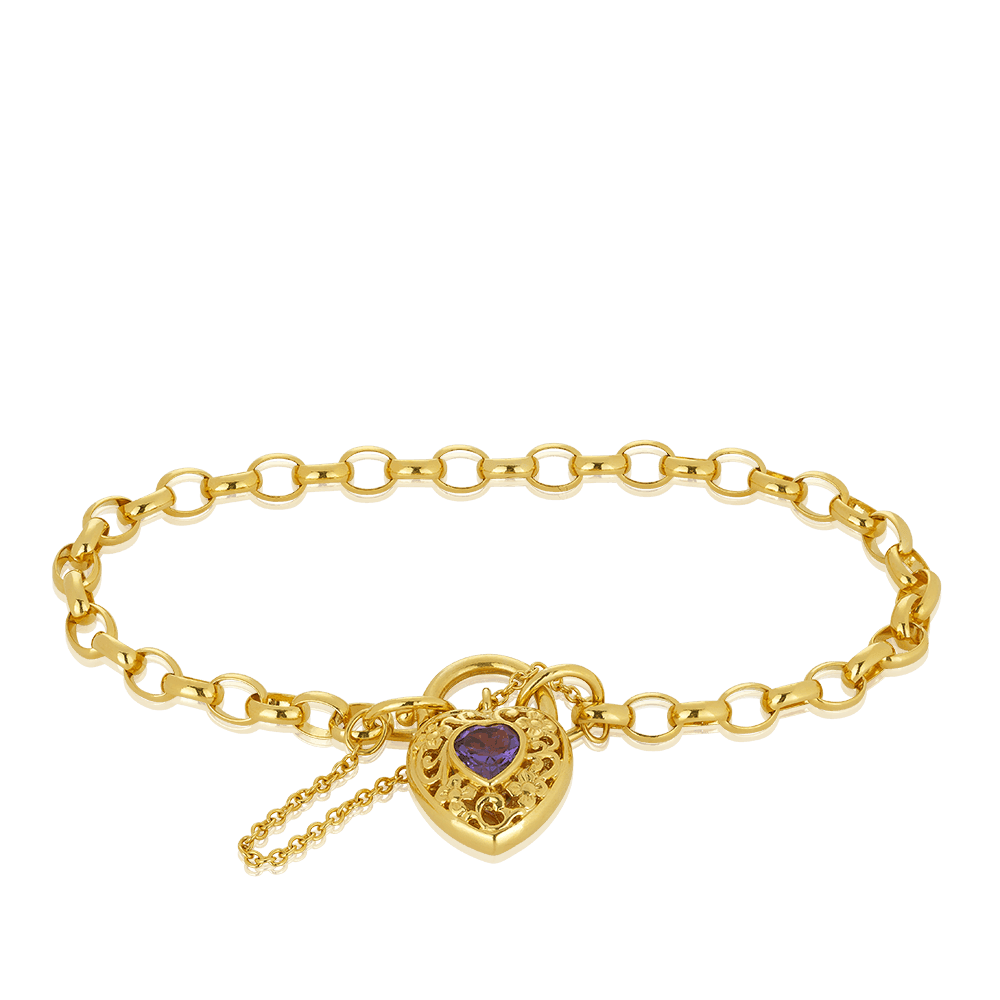 Heart Locket Amethyst Bracelet in 9ct Yellow Gold