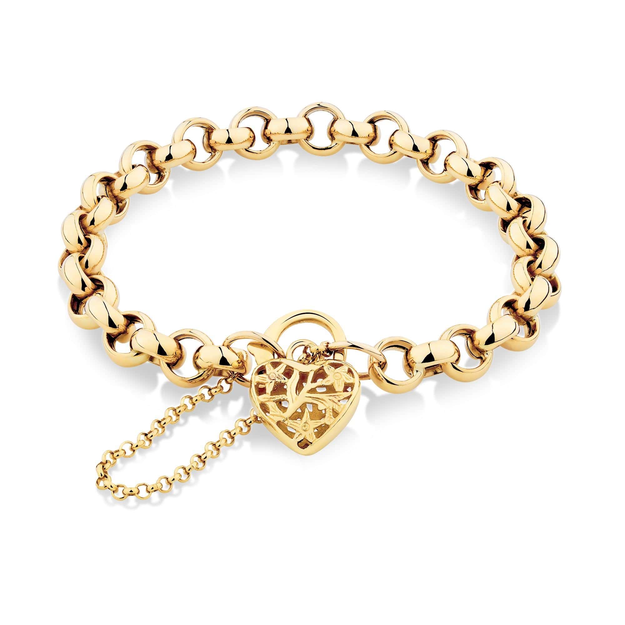 Heart Padlock Belcher Link Bracelet in 9ct Yellow Gold