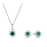 Lab-Grown Emerald & 0.30ct TDW Lab-Grown Diamond Halo Pendant and Earrings Set in Sterling Silver