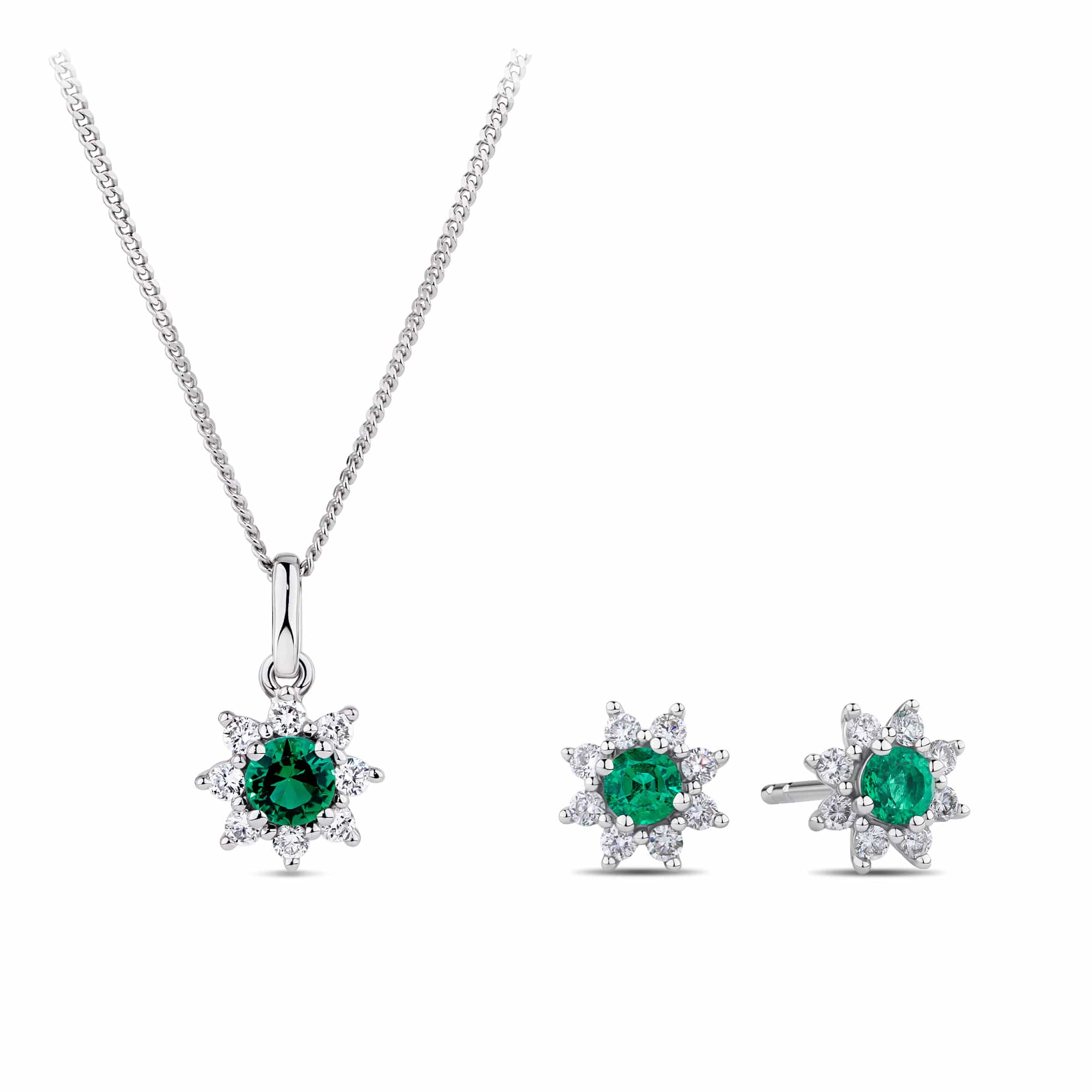 Created Emerald & 0.30ct TDW Lab-Grown Diamond Halo Pendant and Earrings Set in Sterling Silver