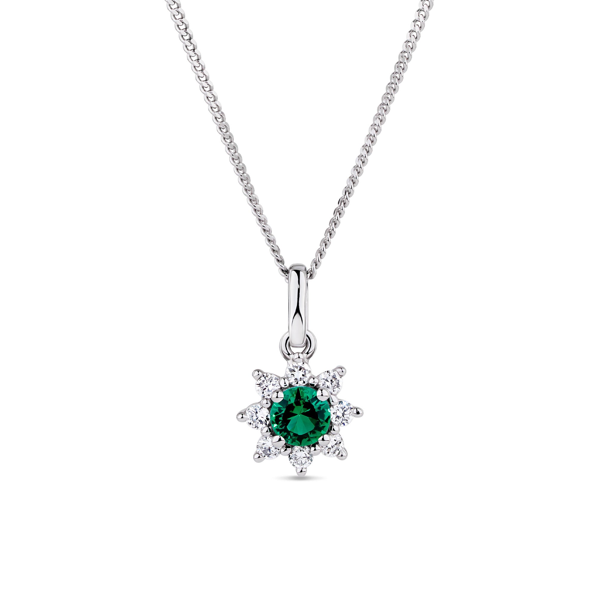 Lab-Grown Emerald & 0.30ct TDW Lab-Grown Diamond Halo Pendant and Earrings Set in Sterling Silver